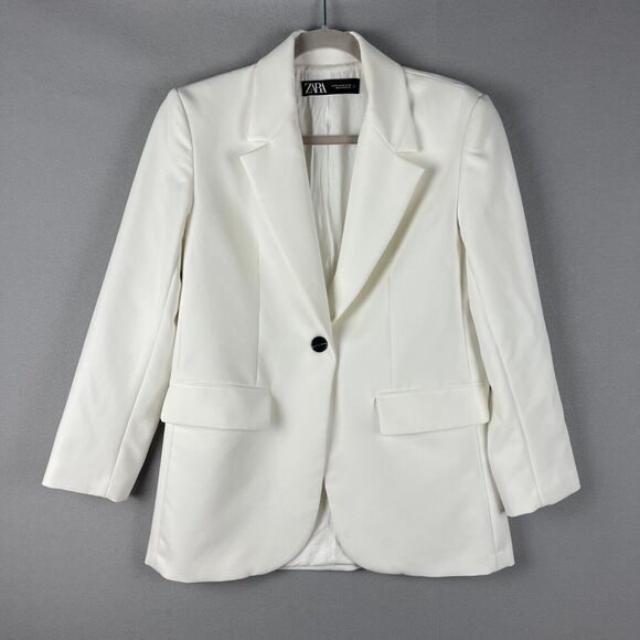Zara Blazer Jacket Woman XS White One Button Office Career Classic Chic FLAWS - Picture 1 of 16